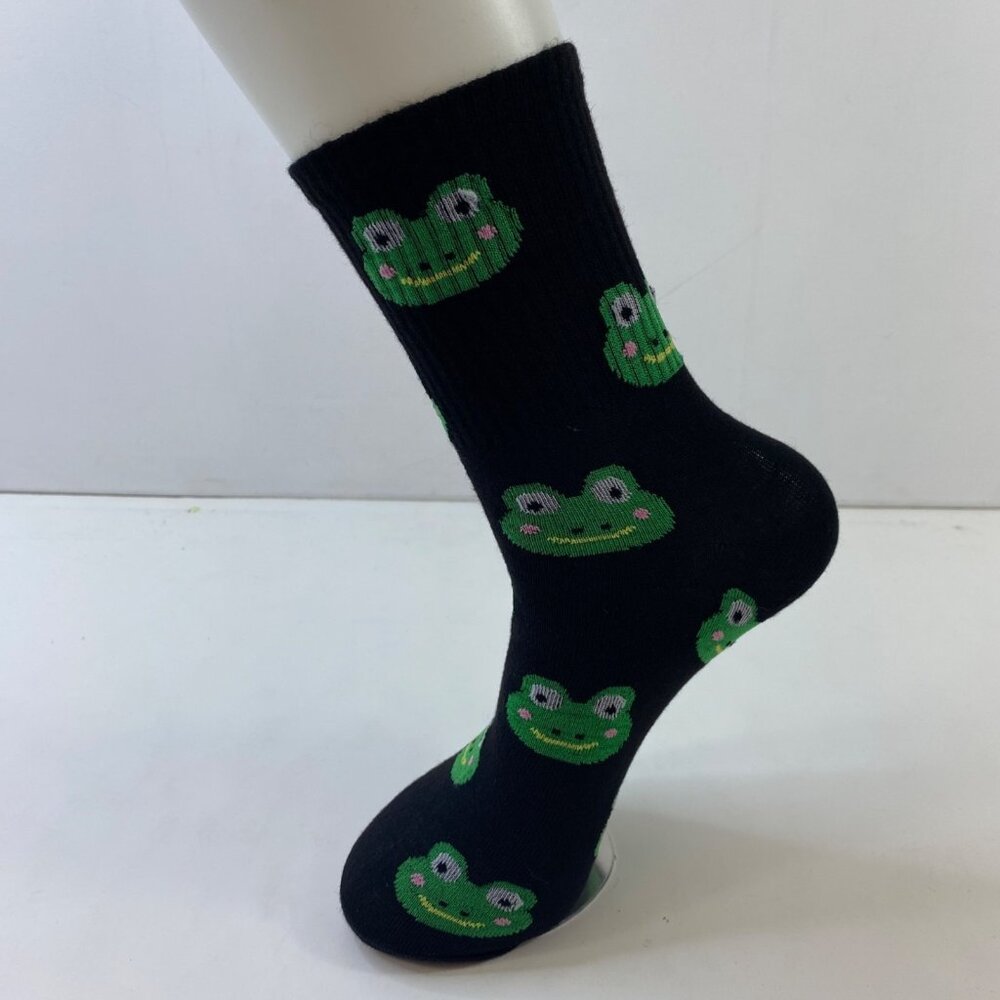 Adult Unisex Frog Print Crew Novelty Black Green Fun Cute Socks